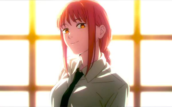 Makima from Chainsaw Man stands confidently in front of a glowing window, rendered in vibrant anime style for an 8K Ultra HD PC desktop wallpaper.