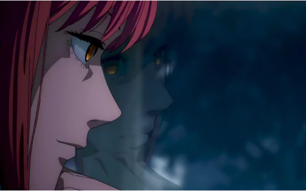 Makima from Chainsaw Man in a detailed 8K Ultra HD anime wallpaper, showing her reflective side profile against a dark, moody background.