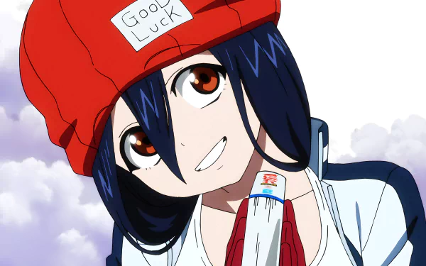 Anime-style character from Undead Unluck with dark hair and large eyes, wearing a red hat labeled Good Luck, in 8K Ultra HD PC desktop wallpaper quality.