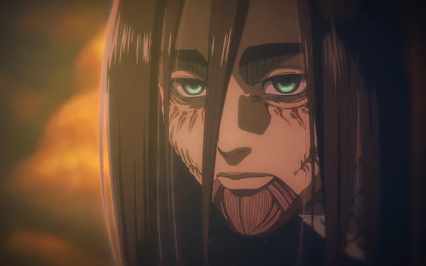 HD desktop wallpaper featuring Eren Yeager from Attack on Titan, depicted with intense green eyes and detailed facial markings against a fiery background.