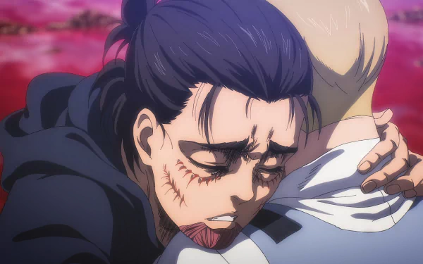 HD wallpaper of Eren Yeager from Attack on Titan, depicting him with emotional distress, featuring detailed injuries on his face.