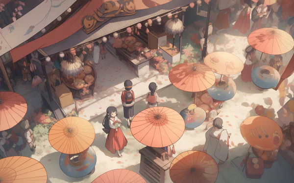 A vibrant anime festival scene featuring colorful umbrellas and stalls, set against a charming backdrop, making for an engaging HD desktop wallpaper.