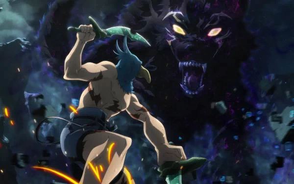 HD desktop wallpaper featuring a dynamic Shangri-La Frontier action scene with a character ready for combat against a fearsome beast.