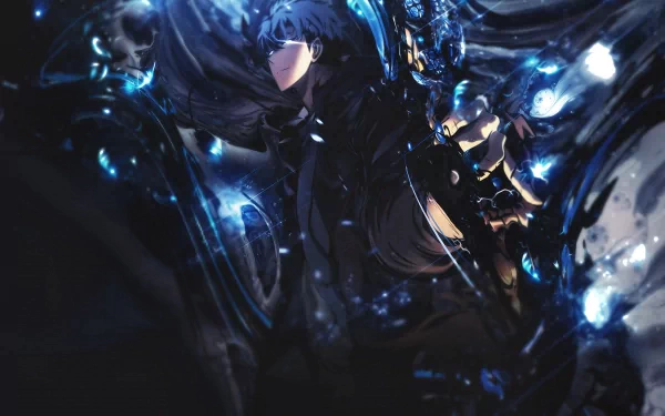 Sung Jin-Woo from Solo Leveling HD Wallpaper – Mysterious Aura with Dynamic Blue Tones – Desktop Background.
