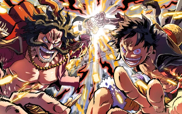 Dynamic 4K Ultra HD anime wallpaper featuring Gol D. Roger and Monkey D. Luffy from One Piece, showcasing intense action and vibrant energy for PC desktop backgrounds.