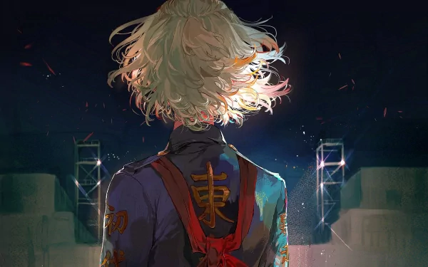HD anime desktop wallpaper featuring Mikey Manjiro Sano from Tokyo Revengers, showcasing his back with illuminated hair in a dramatic nighttime scene.