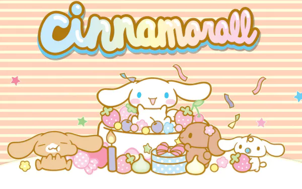HD anime-style Cinnamoroll desktop wallpaper featuring the cute white dog character and friends with pastel candy-themed background.