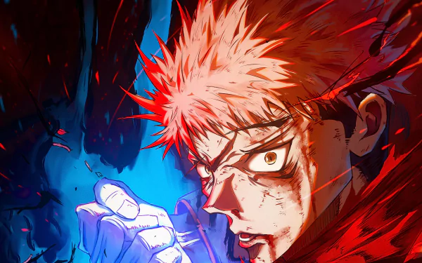 4K Ultra HD PC desktop wallpaper featuring Yuji Itadori from the anime Jujutsu Kaisen, showcasing intense expression and dynamic red and blue lighting effects.