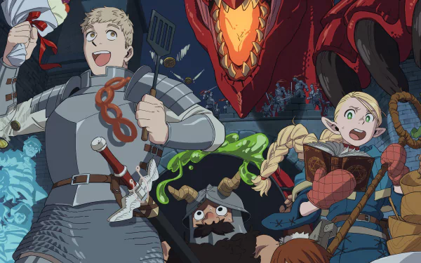 HD anime wallpaper featuring characters from Delicious in Dungeon, with Laios Touden and Senshi ready for adventure alongside Marcille Donato, as a dynamic and vivid background for desktops.