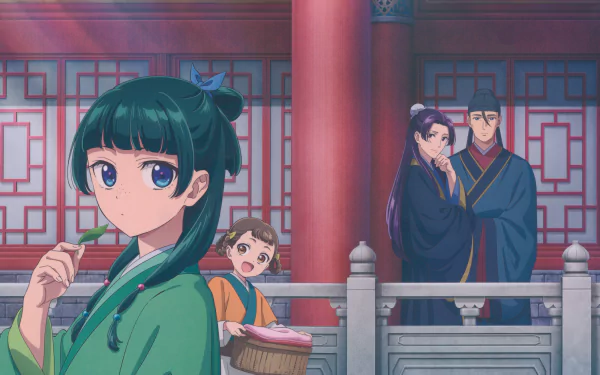 Anime-style 4K Ultra HD wallpaper featuring Maomao from The Apothecary Diaries in traditional attire with a detailed palace background and other characters.