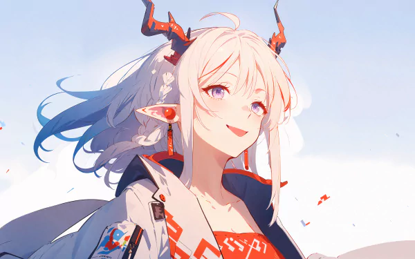 8K Ultra HD anime girl Nian from Arknights with white hair, red horns, and detailed outfit against a bright sky background, designed as a PC desktop wallpaper.