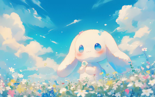 A cute anime wallpaper featuring Cinnamoroll standing in a vibrant field of flowers under a bright blue sky, surrounded by fluffy clouds, exuding charm and whimsy.