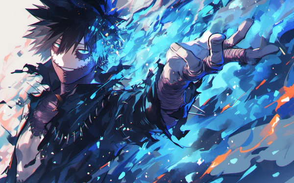 Dabi from My Hero Academia is portrayed dramatically in this HD anime wallpaper, featuring vibrant blue flames and an intense pose, capturing his fierce character.