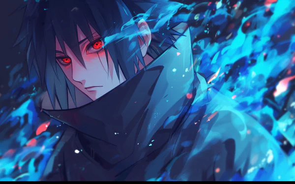 A striking HD wallpaper featuring Sasuke Uchiha from Naruto, showcasing his Sharingan against a backdrop of swirling blue flames.