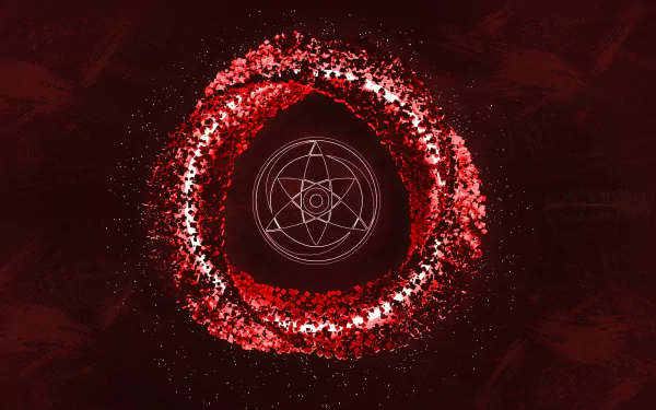 HD wallpaper featuring an artistic representation of the Mangekyō Sharingan from the anime Naruto, showcasing intricate patterns in a vivid red color.
