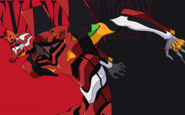 A dynamic HD wallpaper featuring a mecha from Neon Genesis Evangelion, showcasing vibrant colors and striking design against a bold background.