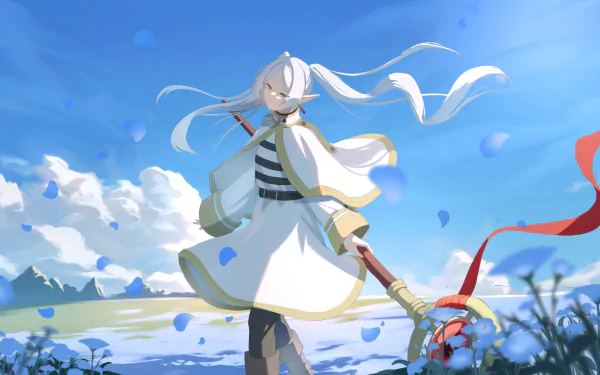 Anime-style 4K Ultra HD desktop wallpaper featuring Frieren from Frieren: Beyond Journey's End, standing in a vibrant field under a bright blue sky.