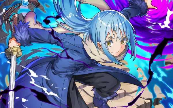 HD Anime Wallpaper featuring Rimuru Tempest from 'That Time I Got Reincarnated as a Slime' with dynamic purple and blue effects for desktop background.