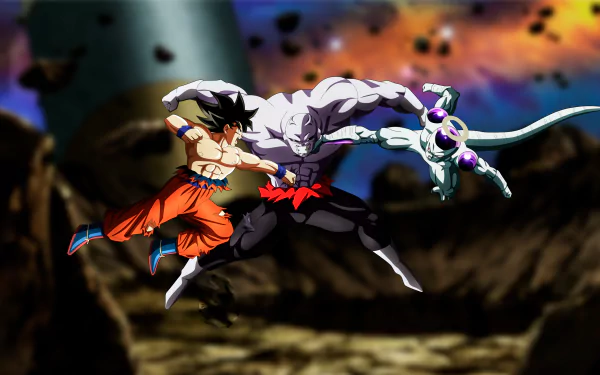 Anime scene from Dragon Ball Super in vibrant 4K Ultra HD, showing an intense battle between two powerful fighters on a dramatic battlefield.