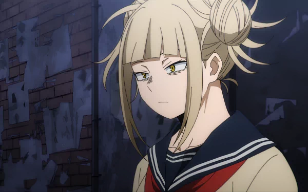 Anime-style 4K Ultra HD wallpaper featuring Himiko Toga from My Hero Academia with a serious expression against a dark, urban background.