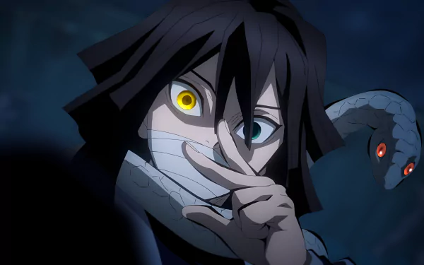 4K Ultra HD desktop wallpaper featuring Obanai Iguro from the anime Demon Slayer: Kimetsu no Yaiba with his distinctive heterochromatic eyes and snake companion.