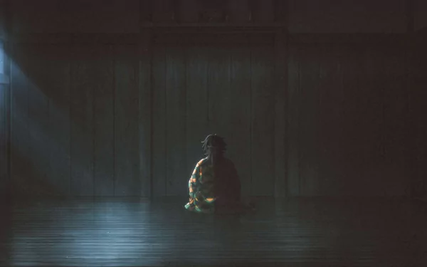 Dimly lit 4K Ultra HD anime wallpaper of Giyuu Tomioka from Demon Slayer: Kimetsu no Yaiba, sitting in a serene, shadowy space with soft light reflections.