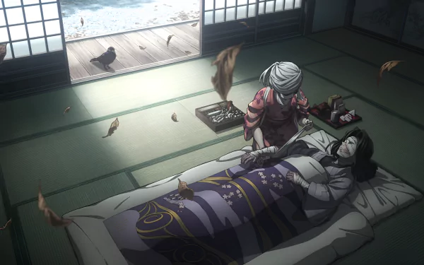 4K Ultra HD Demon Slayer: Kimetsu no Yaiba anime wallpaper depicting a serene indoor scene with one character resting while another attends to them, with leaves drifting inside.