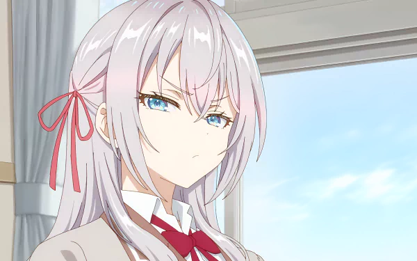 4K Ultra HD anime wallpaper featuring Alisa Mikhailovna Kujou from Alya Sometimes Hides Her Feelings, with silver hair and piercing blue eyes by a window.
