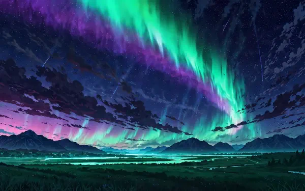 A stunning anime landscape featuring vibrant aurora borealis lights illuminating the night sky over mountains and a serene valley, presented in 4K Ultra HD quality.