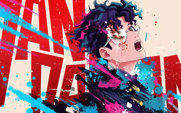 4K Ultra HD anime wallpaper featuring an intense anime boy from Dandadan, blending vibrant colors and dynamic splashes with Ken Takakura-inspired style.
