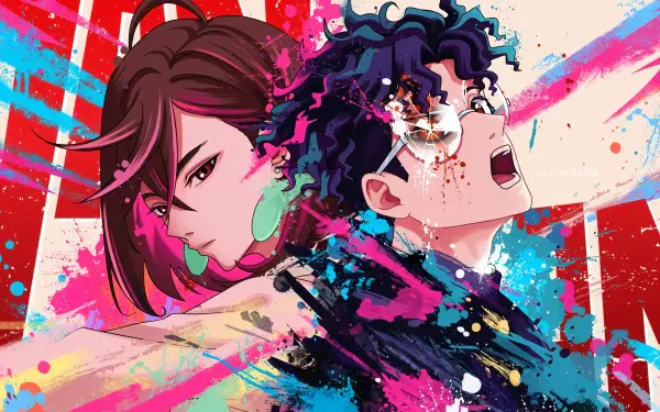 Vibrant 4K Ultra HD anime wallpaper featuring Momo Ayase and Ken Takakura from Dandadan, showcasing dynamic action with bold colors and intense expressions.