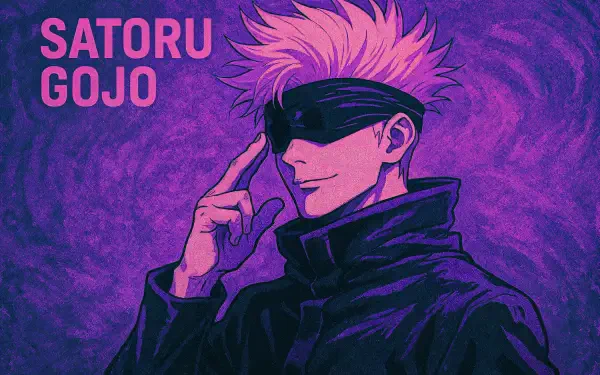 Satoru Gojo anime portrait with blindfold against a vivid purple textured swirl — 4K Ultra HD PC desktop wallpaper and background.