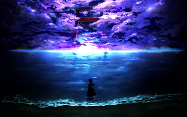 HD wallpaper of Momiji Inubashiri from Touhou standing by the sea with a mystical, clouded sky above, featuring a shrine and vibrant colors.