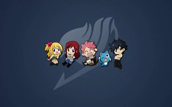 HD desktop wallpaper featuring chibi versions of Fairy Tail characters: Lucy Heartfilia, Erza Scarlet, Natsu Dragneel, Happy, and Gray Fullbuster, set against a dark background with the Fairy Tail emblem.