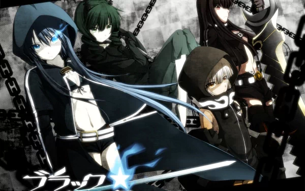 HD desktop wallpaper featuring characters from Black Rock Shooter anime: Black Rock Shooter, Strength, Dead Master, and Black Gold Saw armed with weapons and chains.