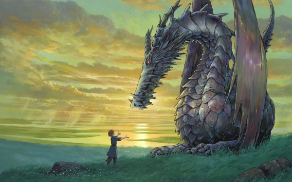 HD desktop wallpaper of a scene from Tales From Earthsea featuring an anime-style dragon and a person in front of a mesmerizing sunset.