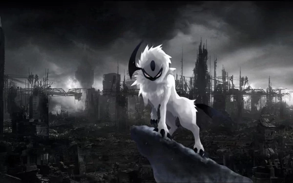 HD desktop wallpaper of Absol, a dark Pokémon from the anime series Pokémon, standing on a rocky ledge against a dark, apocalyptic cityscape background.