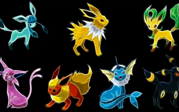 HD desktop wallpaper featuring various brightly colored, neon-themed Eeveelutions from Pokémon against a black background.