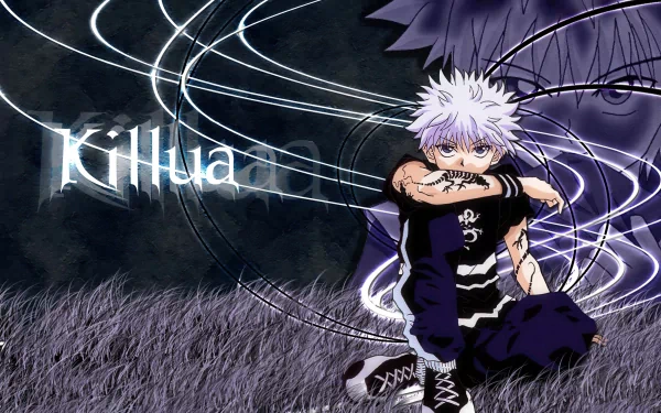 HD desktop wallpaper featuring Killua Zoldyck from the anime Hunter x Hunter. Killua is shown in a dynamic pose with electrifying effects surrounding him, and his name is displayed prominently.