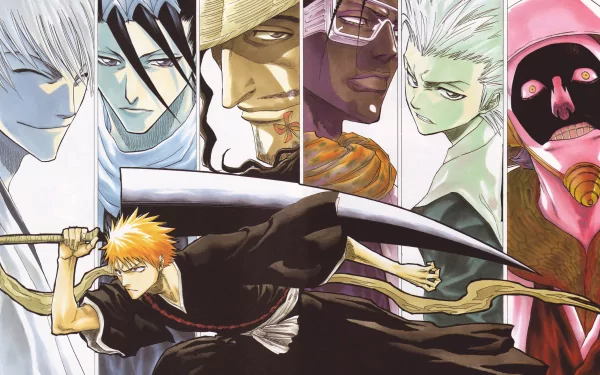 4K Ultra HD anime wallpaper featuring Bleach characters Ichigo Kurosaki, Shunsui Kyōraku, Byakuya Kuchiki, Gin Ichimaru, Kaname Tosen, Tōshirō Hitsugaya, and Mayuri Kurotsuchi.