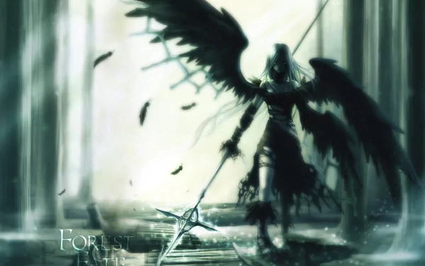 HD desktop wallpaper of a gothic anime angel with dark wings and a weapon, standing in an ethereal setting. The text Forest of Life is visible in the image.