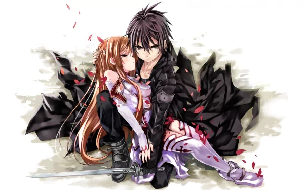 HD desktop wallpaper featuring Kirito (Kazuto Kirigaya) and Asuna Yuuki from Sword Art Online, depicted in a close, protective pose with a dramatic background and scattered petals.
