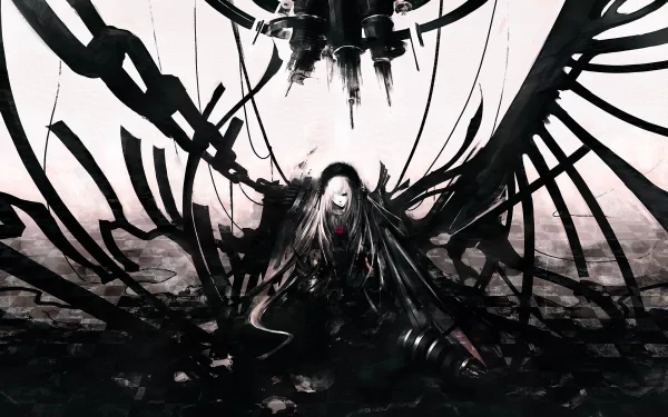 HD desktop wallpaper featuring Suigintou from Rozen Maiden in a dark, angelic, and evil theme. The black-and-white image showcases chains and a dark atmosphere, embodying a sinister, anime aesthetic.