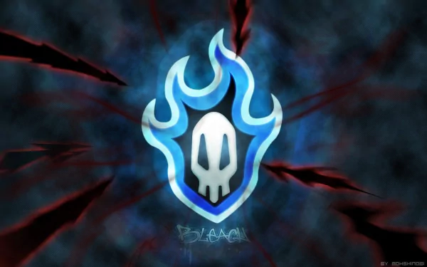 HD desktop wallpaper featuring a stylized blue and white skull emblem from the anime Bleach, set against a dark, smoky background with red streaks. The word Bleach is visible below the emblem.