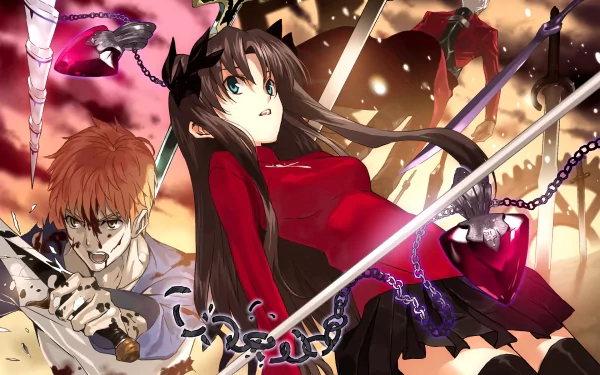 HD desktop wallpaper featuring Shirou Emiya, Rin Tohsaka, and Archer from the anime Fate/Stay Night in an action-packed scene with vibrant colors and dynamic poses.