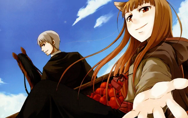 Anime wallpaper featuring Kraft Lawrence and Holo from Spice and Wolf, showcasing them against a bright blue sky background.