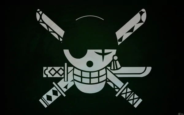 HD desktop wallpaper featuring the Jolly Roger with swords, representing Roronoa Zoro from the anime One Piece. The dark background enhances the iconic pirate symbol.