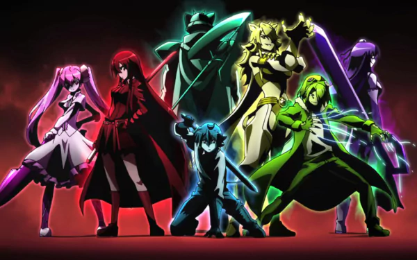 HD desktop wallpaper featuring the main characters from Akame ga Kill! including Akame, Mine, Tatsumi, Sheele, Lubbock, Leone, and Bulat in dynamic poses against a dark red background.