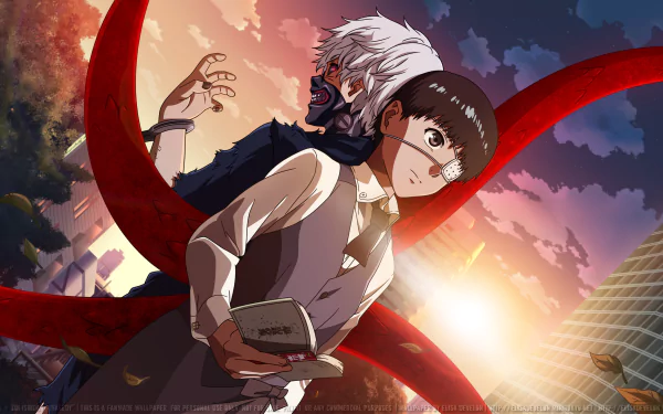 Ken Kaneki from Tokyo Ghoul in a sunset scene, featuring his kagune, eye patch, and book. The anime HD wallpaper shows his white-haired half with a mask and black-haired half against a dramatic sky.
