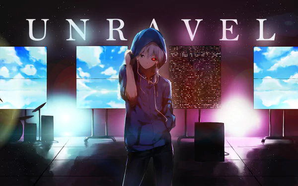 An HD desktop wallpaper featuring Ken Kaneki from the anime Tokyo Ghoul, with UNRAVEL displayed above him and multiple screens in the background showcasing a vibrant sky.